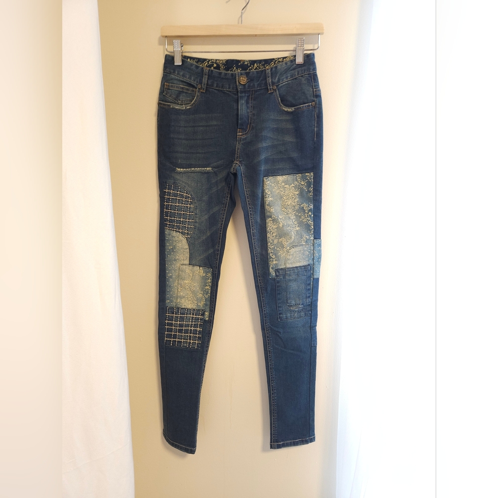 Vintage Mid-Rise Elastic Embroidered Distressed Patchwork Skinny Jeans
